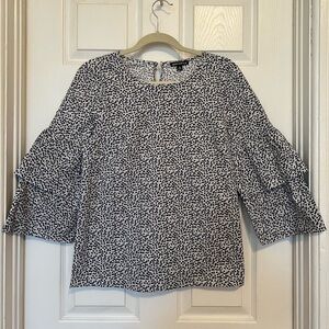 J. Crew Mercantile Floral blue & cream Ruffle Sleeve Blouse, Size L / 10